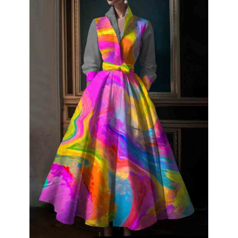 Plus Size Simple Color texture Stand Collar Midi Shirt Dress