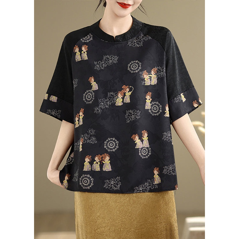 Retro Black Oversized Print Silk Blouse Tops Summer