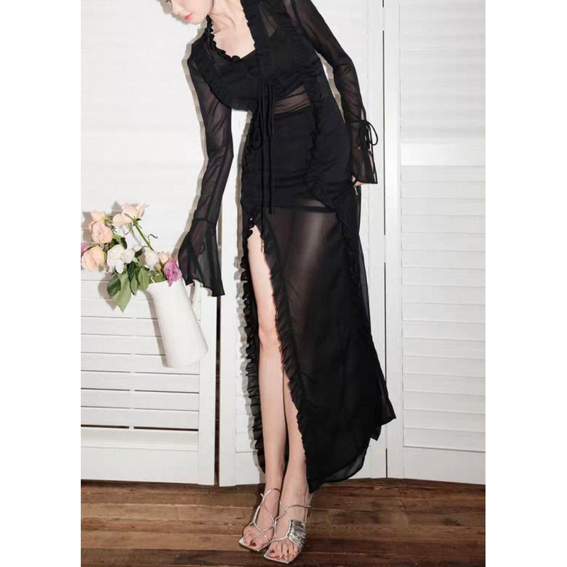 Sexy Black Lace Up Side Open Chiffon Long Dress Flare Sleeve