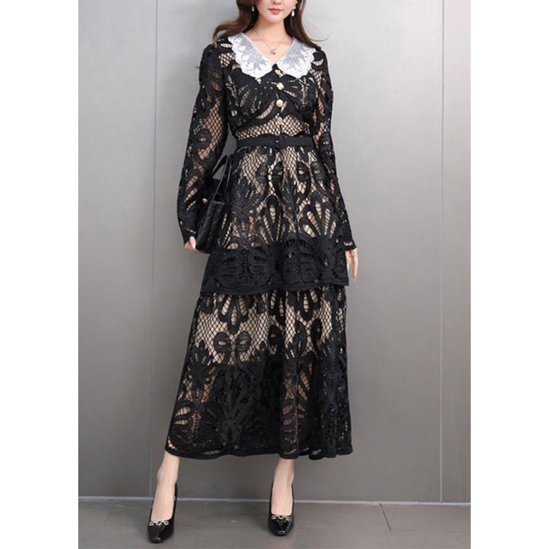 Sexy Black Peter Pan Collar Lace Long Dress Spring