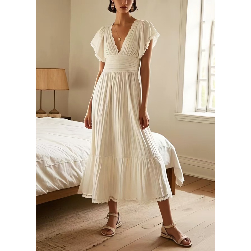 Silm Fit White Patchwork Lace Pleated Dress Summer