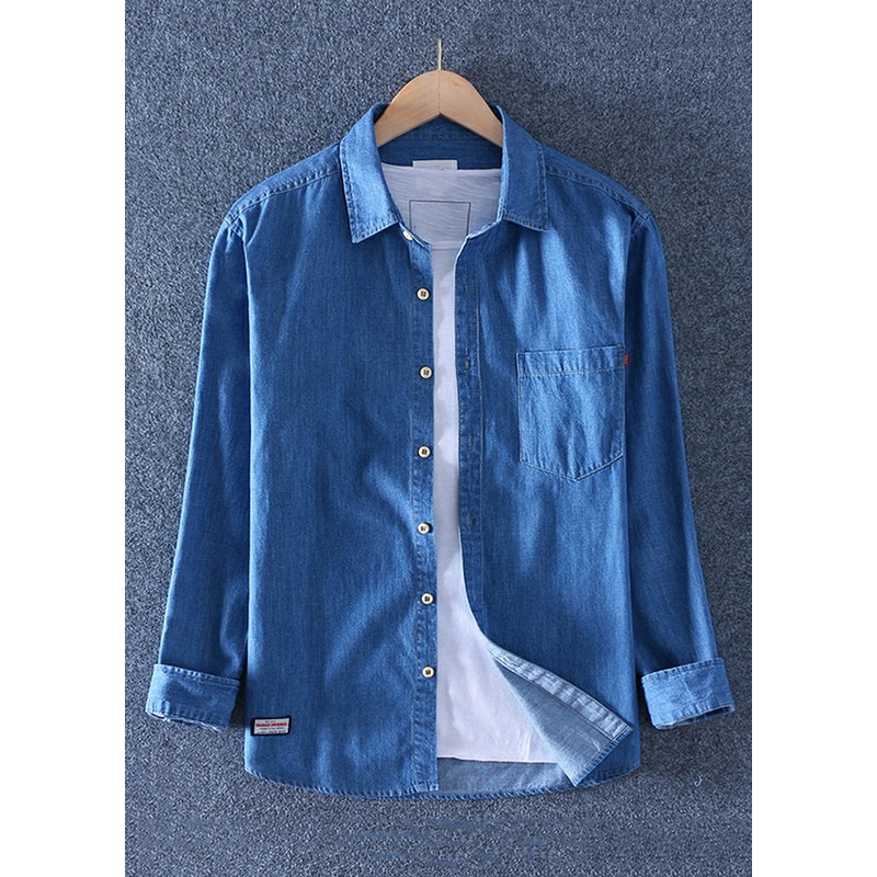 Simple Dark Blue Peter Pan Collar Pockets Solid Denim Men Shirts Spring