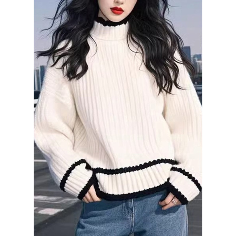 Simple Versatile White O Neck Thick Knit Sweaters Spring