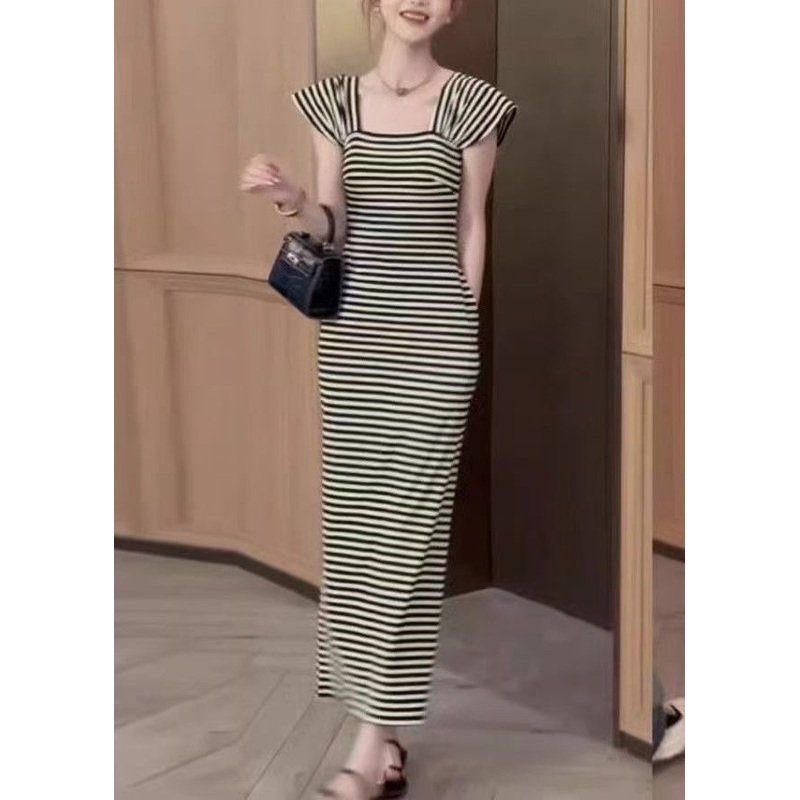 Slim Fit Square Collar Striped Pockets Cotton Long Dresses Summer
