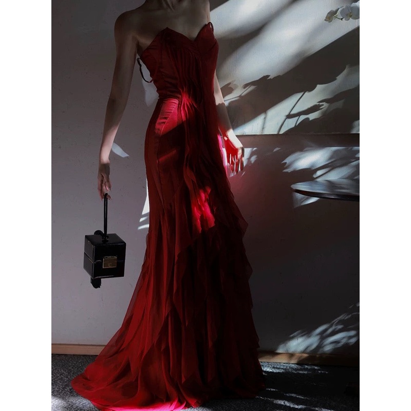 Spaghetti Straps Red Ruffle Long Prom Dress Mermaid Evening Gown J4794