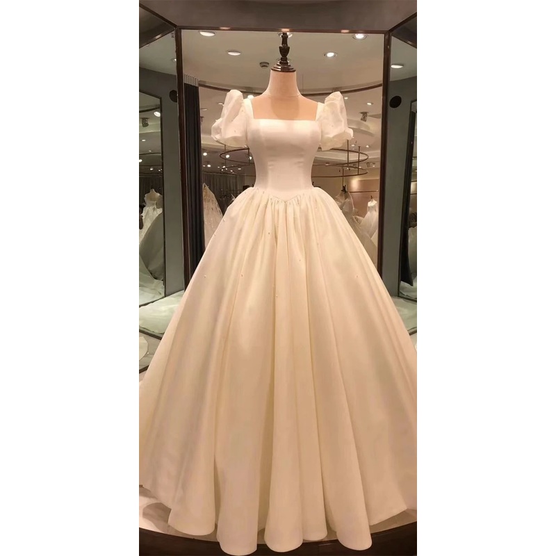 Spauare Neck Bubble Sleeves Satin Wedding Dresses A Line White Formal Dress 2275