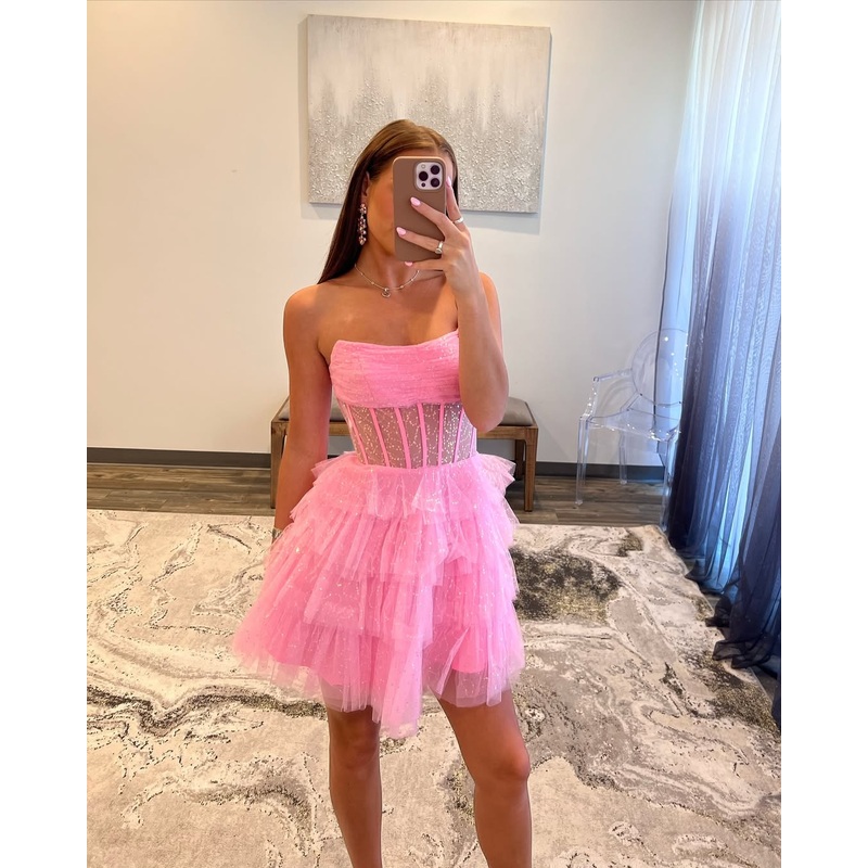 Strapless A Line Short Prom Dress Tulle Homecoming Dress J5539