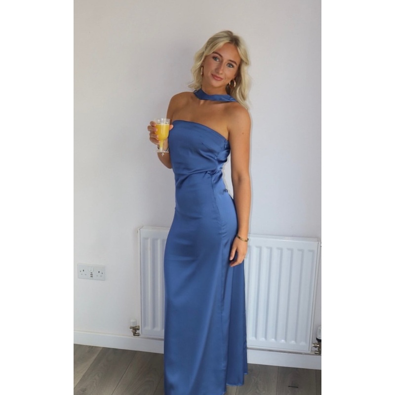 Strapless Blue Long Prom Dress Satin Wedding Guest Dress J7967
