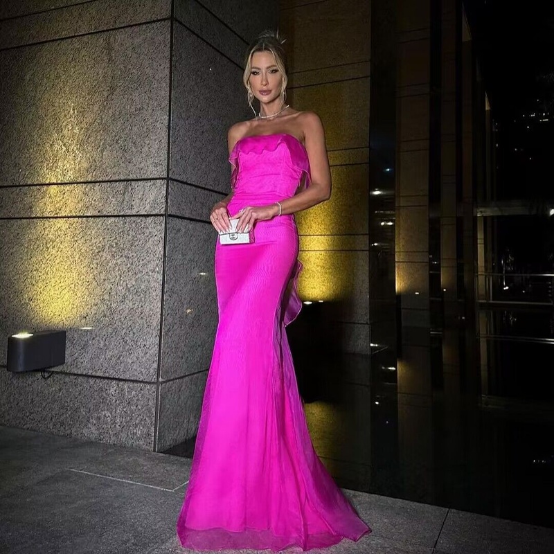 Strapless Hot Pink Mermaid Long Ruffled Prom Dresses J2764