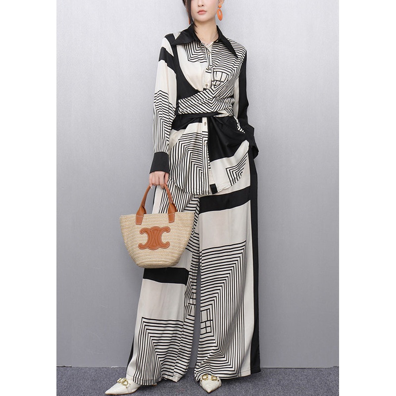 Striped Original Design Tie Waist Patchwork Two Piece Set Fall
