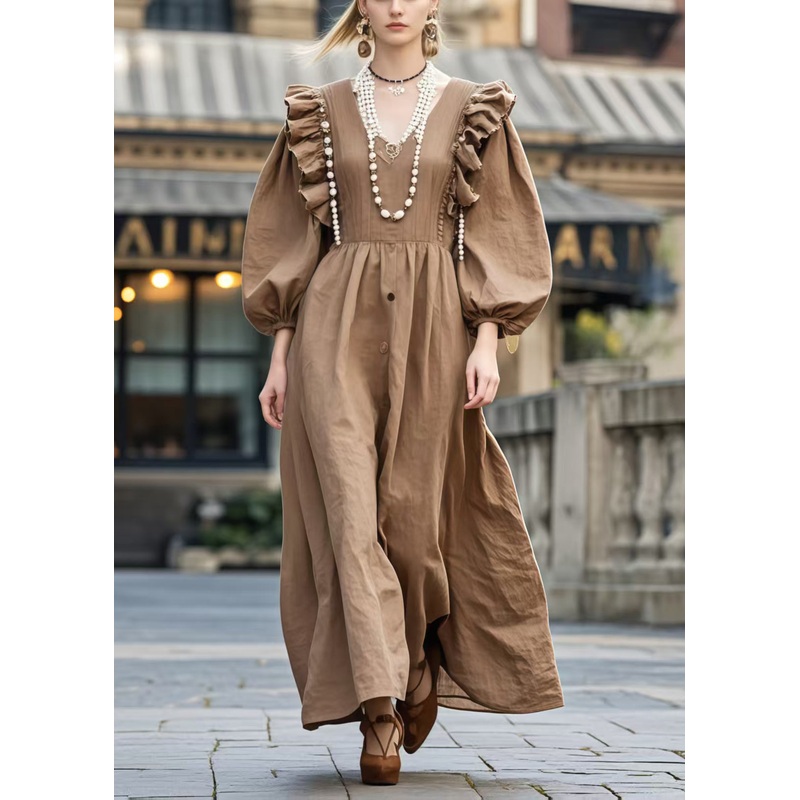 Style Brown V Neck Ruffles Cotton Holiday Dress Spring