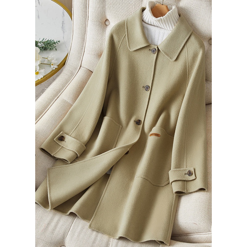 Style Green Peter Pan Collar Pockets Button Woolen Coat Winter