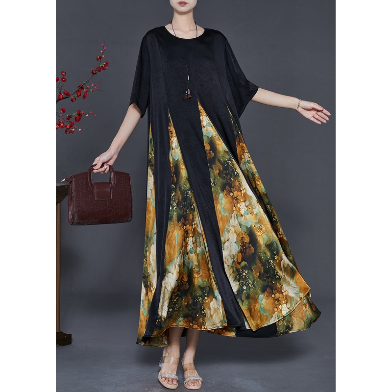 Style Green Print Patchwork Silk Ankle Dress Summer