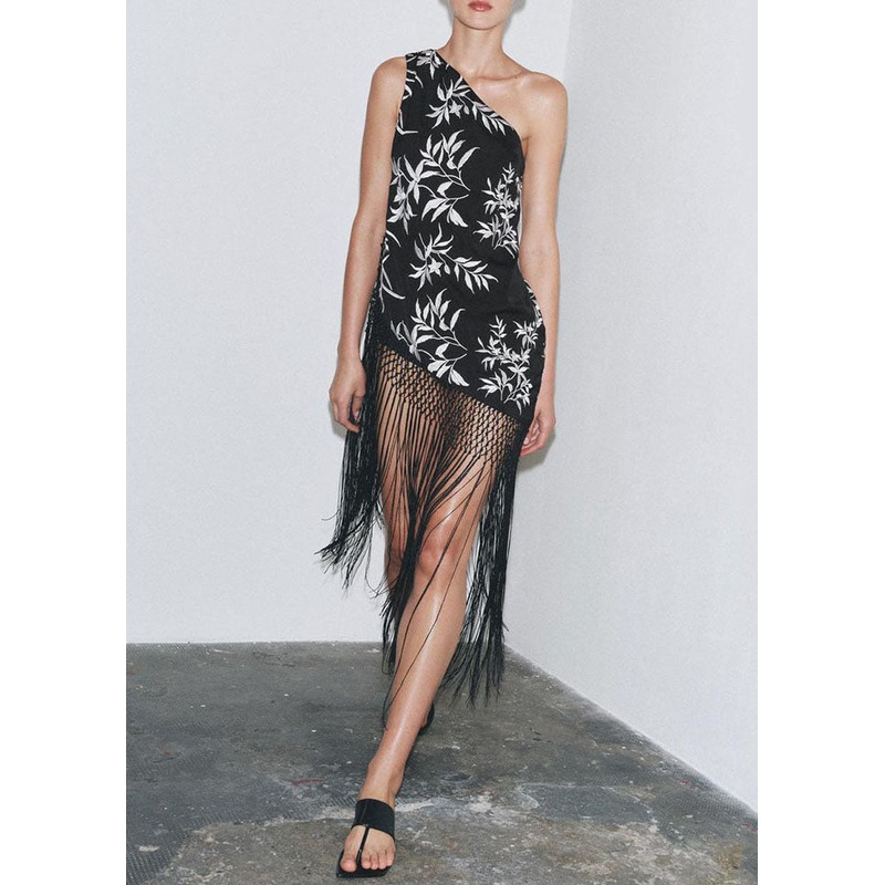 Stylish Black Asymmetrical Tasseled Cotton Tops Sleeveless