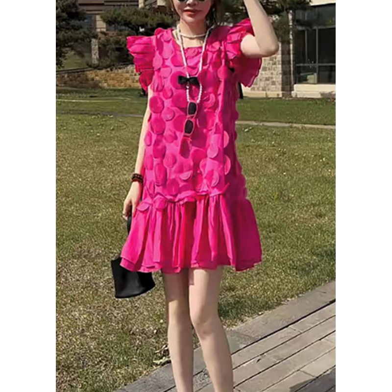 Stylish Rose O Neck Petal Patchwork Chiffon Dress Butterfly Sleeve