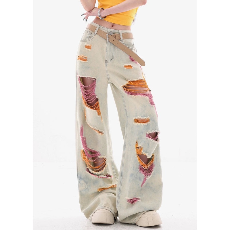 Stylish Tie Dye Pockets High Waist Ripped Jeans Summer