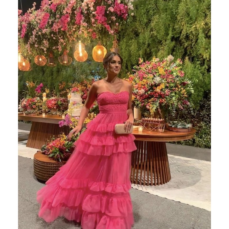 Sweetheart A Line Pink Long Prom Dress Ruffle Wedding Guest Dress J5262