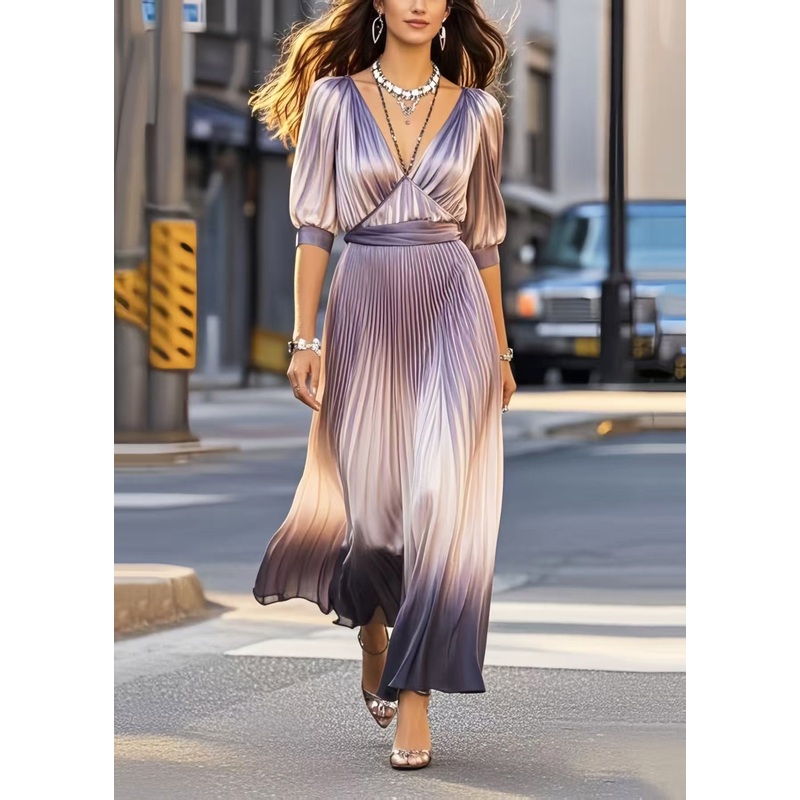 Unique V Neck Tie Dye Silk Pleated Dress Summer