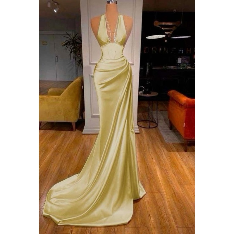V Neck Yellow Mermaid Long Prom Dresses J6007
