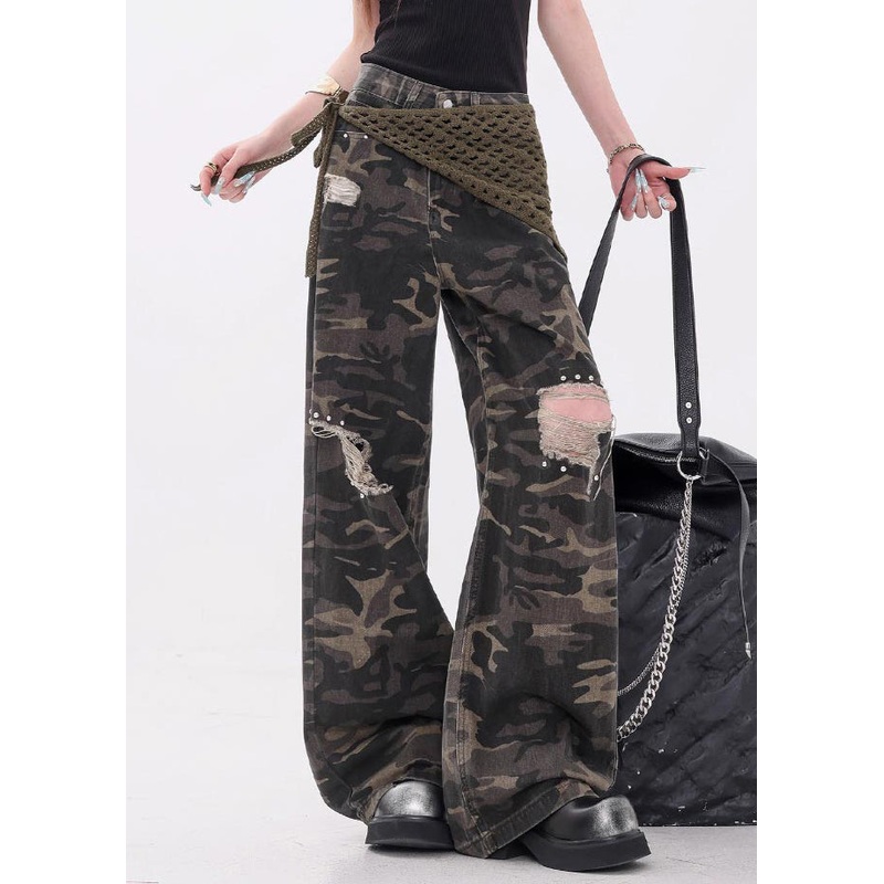 Vintage Camouflage Hole Pockets Patchwork Denim Pants Fall