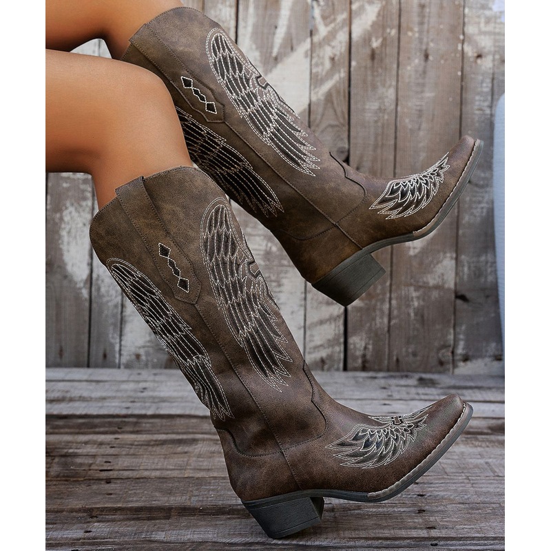 Vintage Chocolate Pointed Toe Embossed Chunky Faux Leather Boots