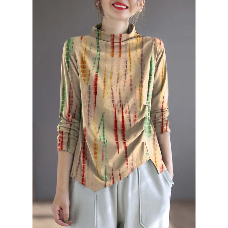 Vintage Yellow color Turtleneck asymmetrical design Patchwork Spring Tops