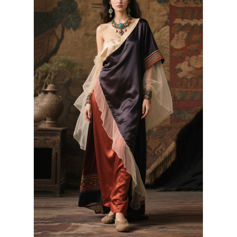 Women Asymmetrical Patchwork Tulle One Shoulder Long Dress Summer
