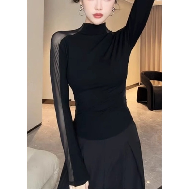Women Black Hollow Out Patchwork Silm Fit Tops Spring