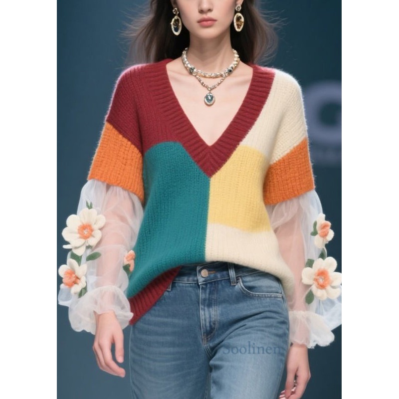 Women Colorblock Floral Tulle Patchwork Knit Sweater Fall