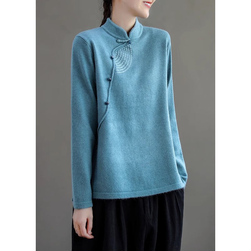 Women Retro Peacock Blue Stand Collar Knit Sweater Spring