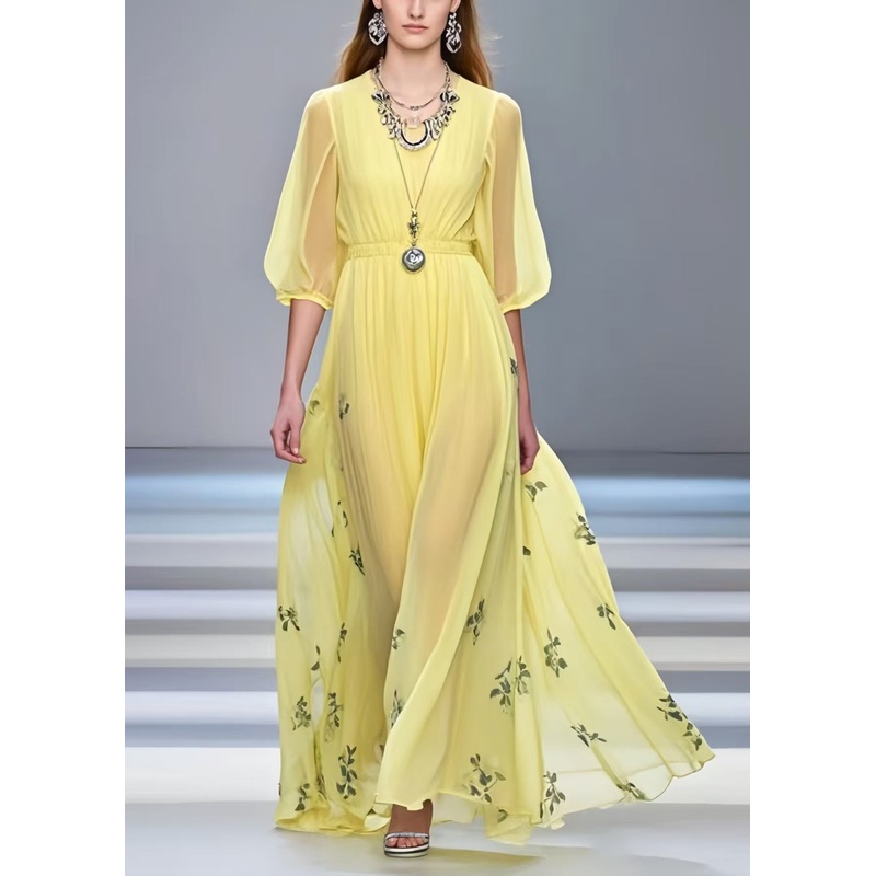 Yellow Print Chiffon Long Dress Exra Large Hem Half Sleeve