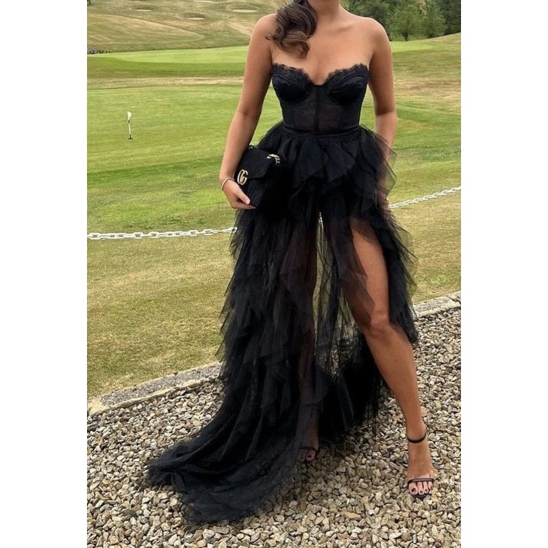 A Line Sweetheart Black Tulle Long Prom Dress Ruffled Evening Dress J2654