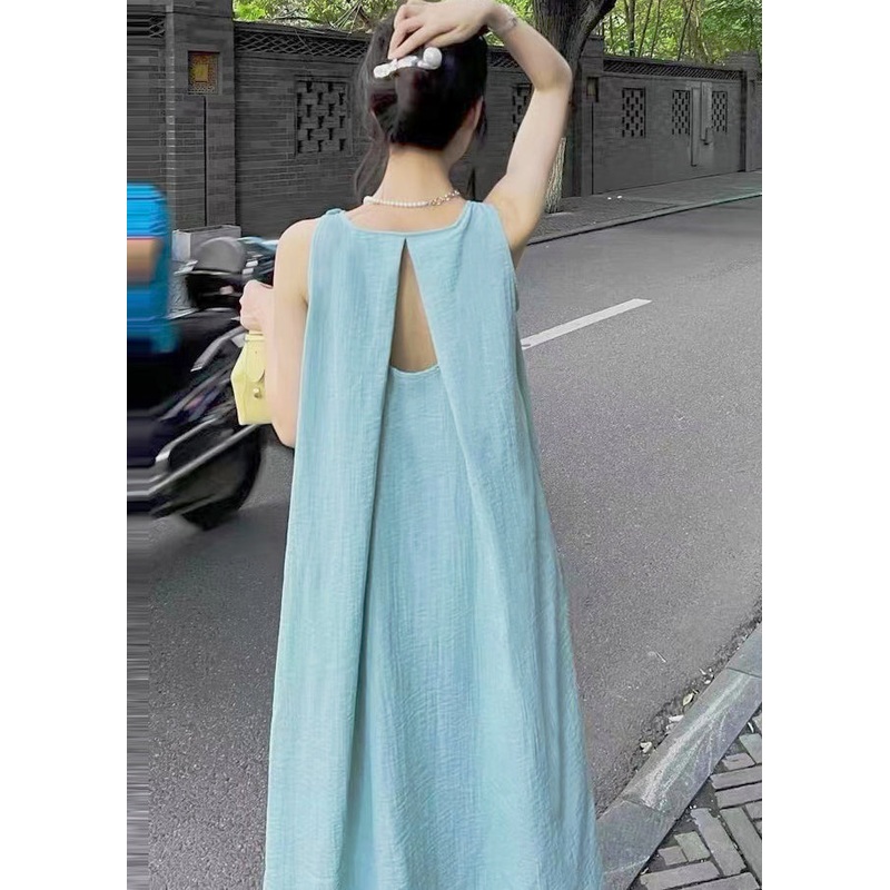 Art Lake Blue Backless Cotton A Line Holiday Dress Sleeveless