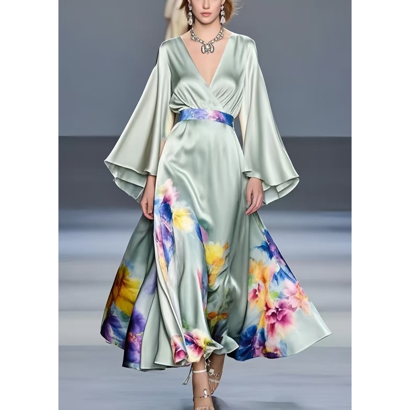 Art Light Green Floral Exra Large Hem Silk Tunic Dress Flare Sleeve