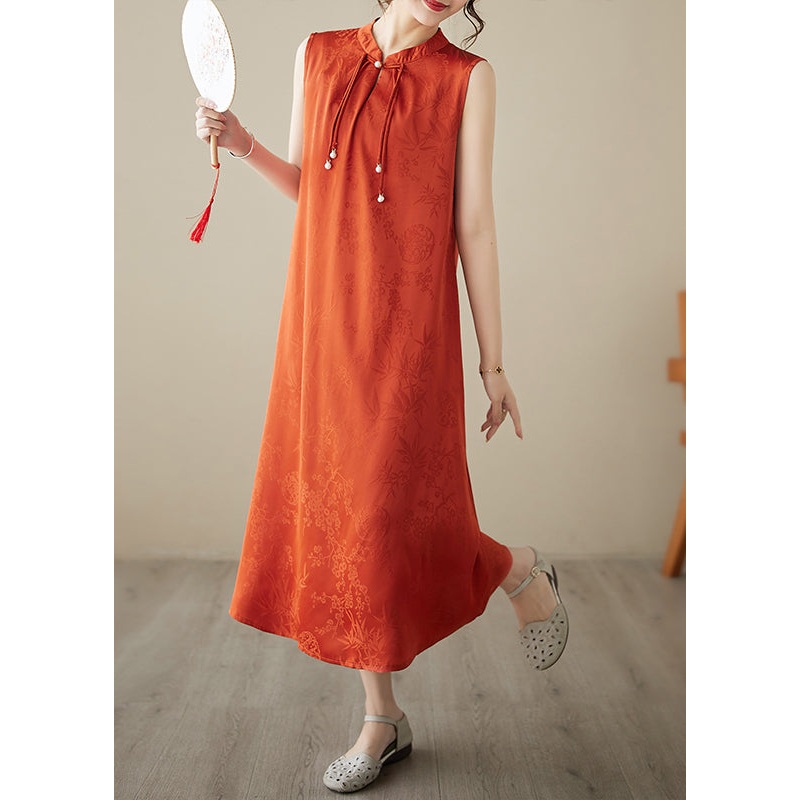 Art Orange Tasseled Jacquard Silk Dress Sleeveless