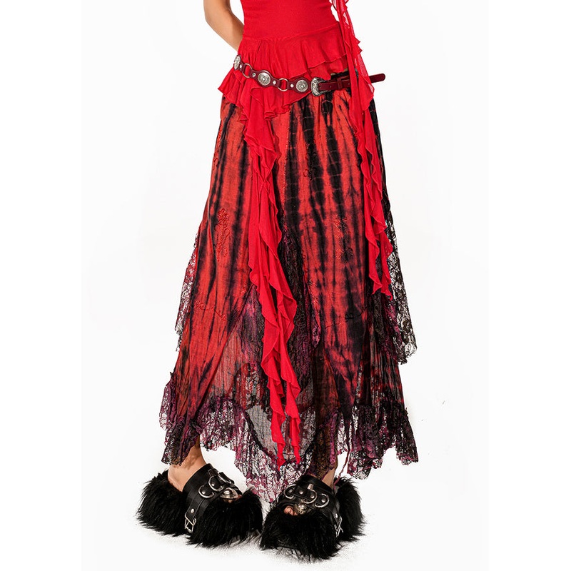 Beautiful Red Tie Dye High Waist Lace Maxi Skirts Summer