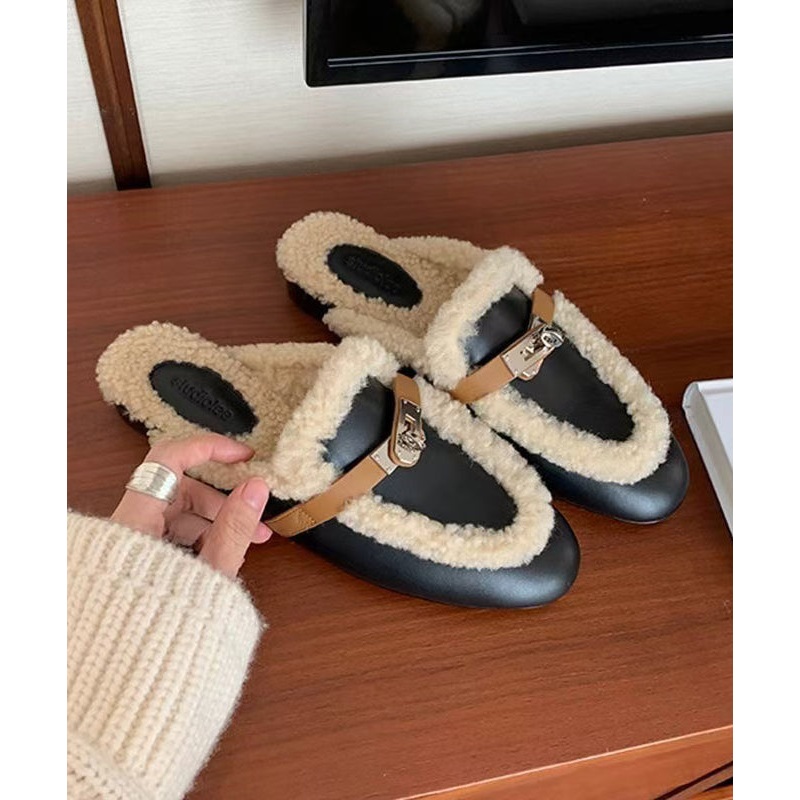 Black Cowhide Leather Slippers Shoes Splicing Fuzzy Wool Lined