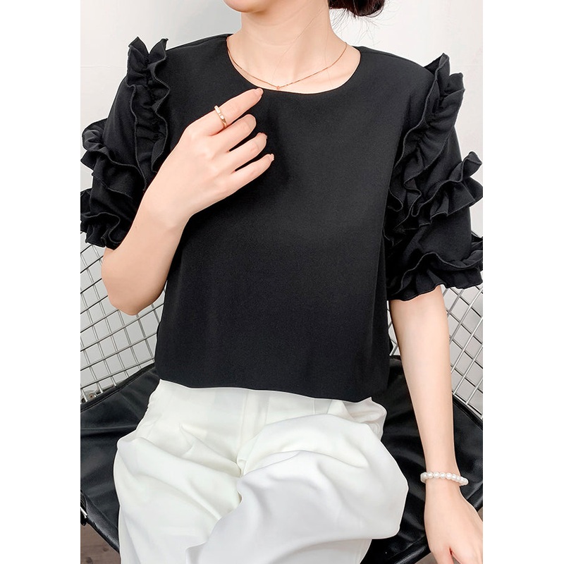Black Draping Chiffon Shirt Ruffled Summer