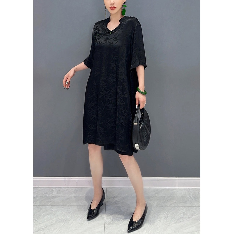 Black Shirts And Shorts Silk Two Pieces Set Chinese Button Summer