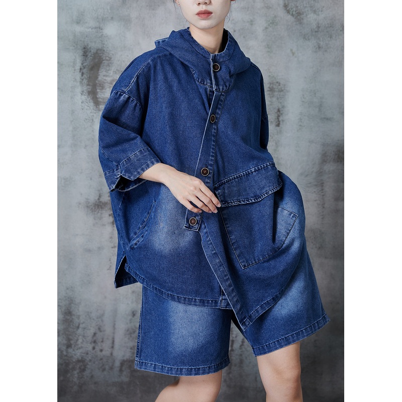 Blue Oversized Denim Hooded Two Pieces Set Asymmetrical Spring