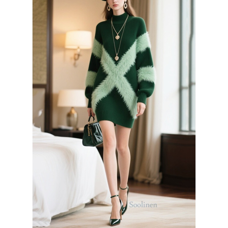 Bohemian Green Patchwork Faux Fur Knitwear Dress Winter