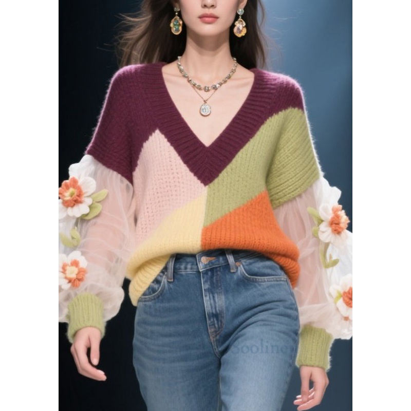 Bohemian V Neck Floral Patchwork Knit Short Sweater Fall