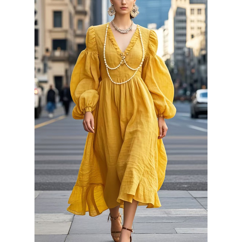 Boho Yellow V Neck Nail Bead Cotton Long Dress Lantern Sleeve