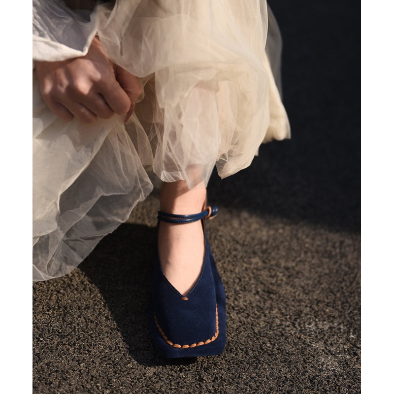 Boutique Blue Suede Flat Feet Shoes Splicing Buckle Strap