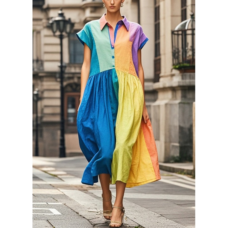 Casual Colorblock Peter Pan Collar Patchwork Cotton Long Dress Sleeveless