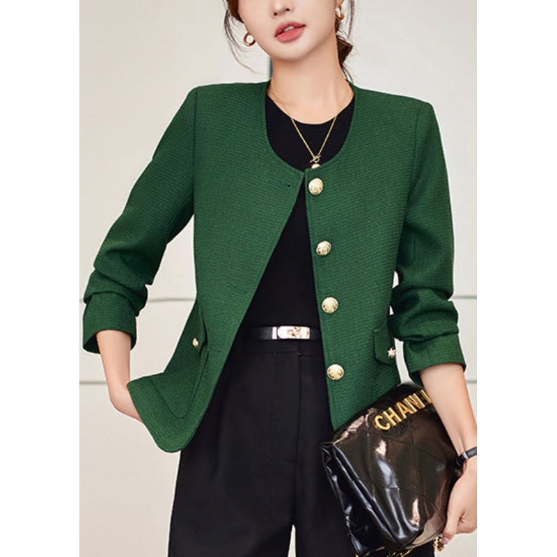 Casual Dark Green O-Neck Golden Buttons Cotton Coats Spring