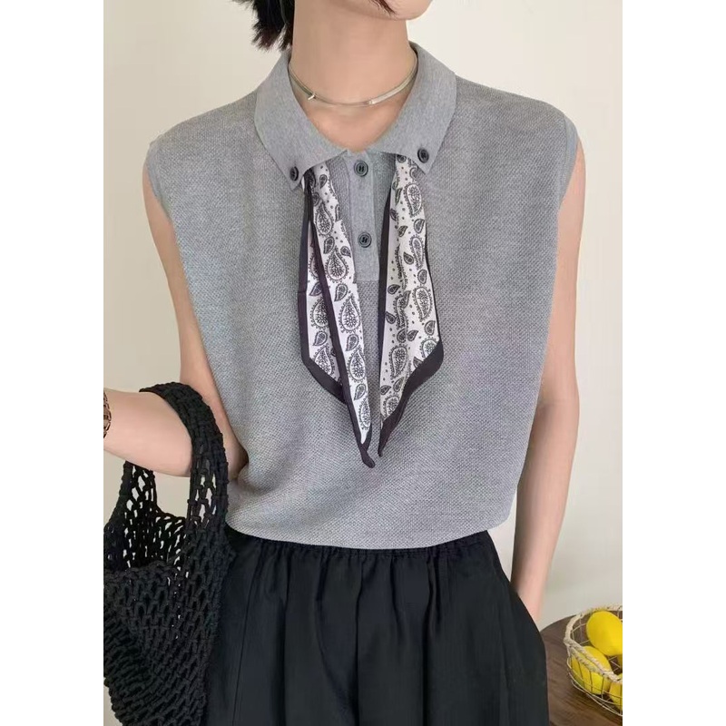 Casual Grey Peter Pan Collar Scarves Knit Shirt Top Sleeveless