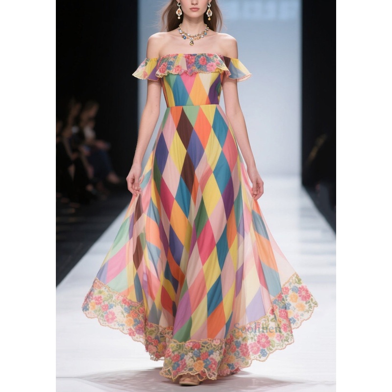 Casual Multicolour Plaid Patchwork Lace Chiffon Beach Strapless Dress Summer