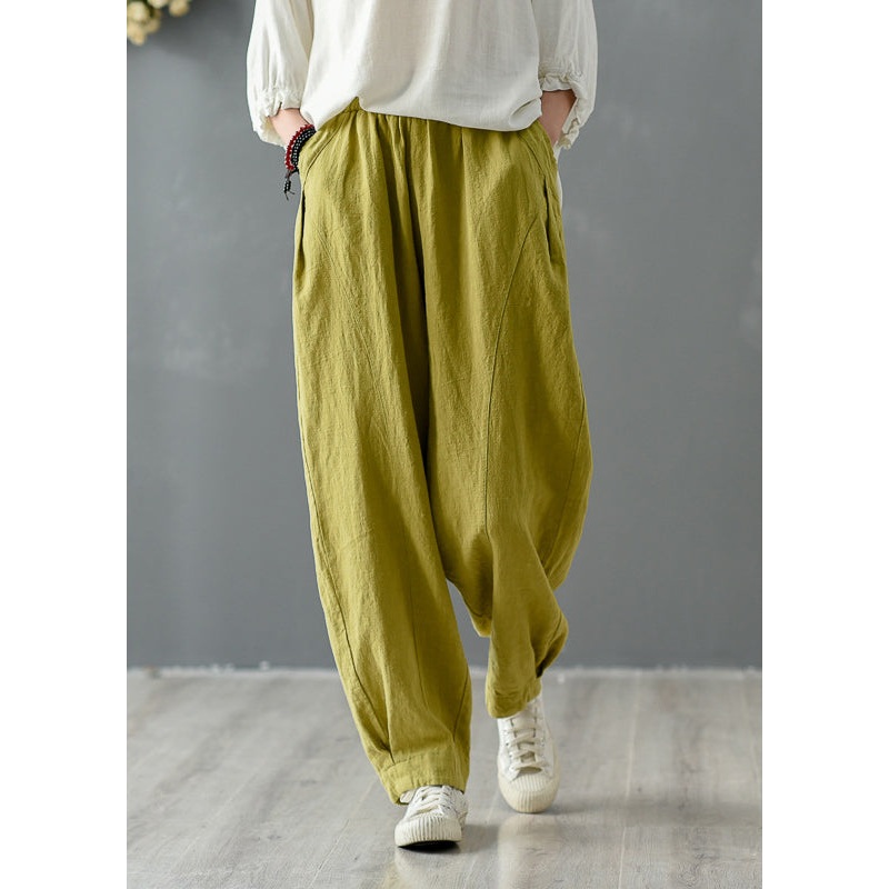 Casual Yellow Pockets Elastic Waist Linen Pants Spring