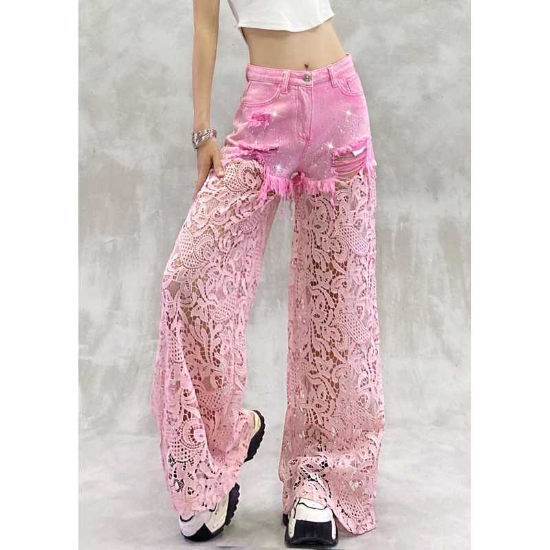 Chic Pink Hollow Out Zircon Lace Patchwork Pants Summer